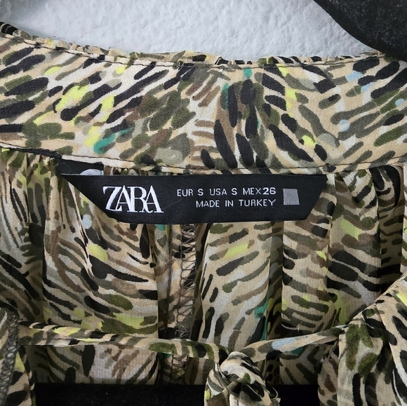 Zara Woman Blouse Sz S Tie Front Ruffles Sheer Flare Sleeves Tassel Flowy - Picture 5 of 11